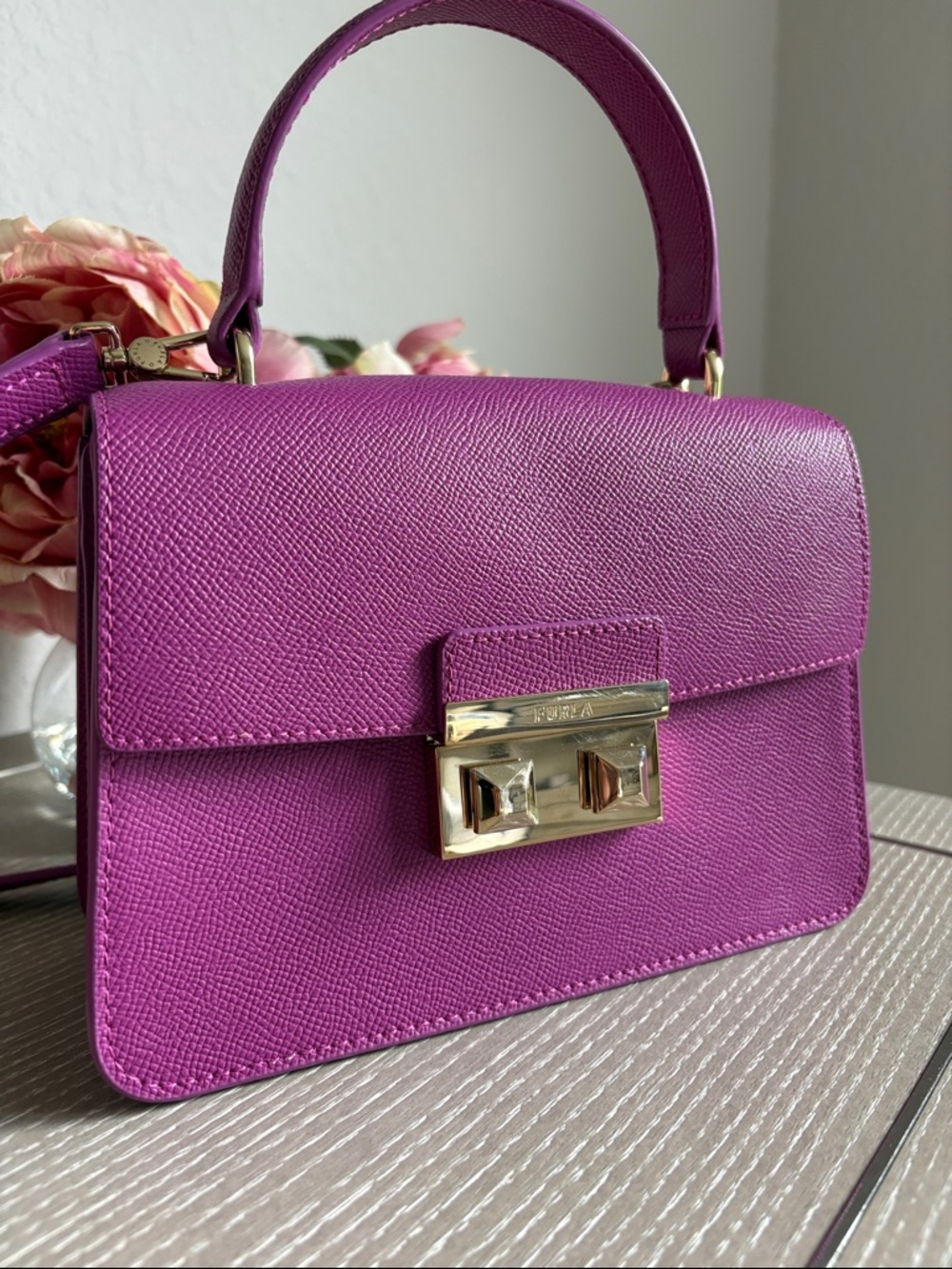 Furla Magenta Leather Top-Handle Satchel with Gold Hardware